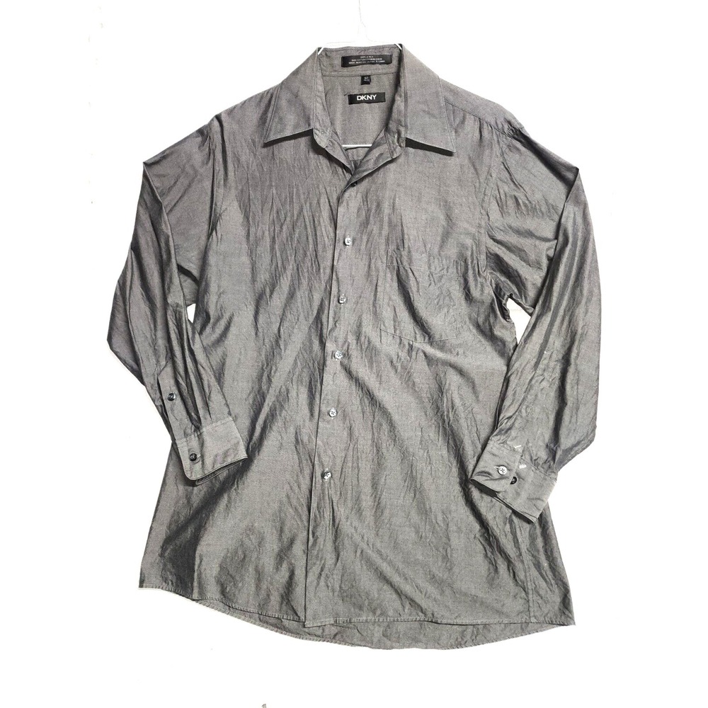 DKNY Dress Shirt Men Size 15 & 1/2 32/33 Gray 80's 2 Ply Button Up Long Sleeve